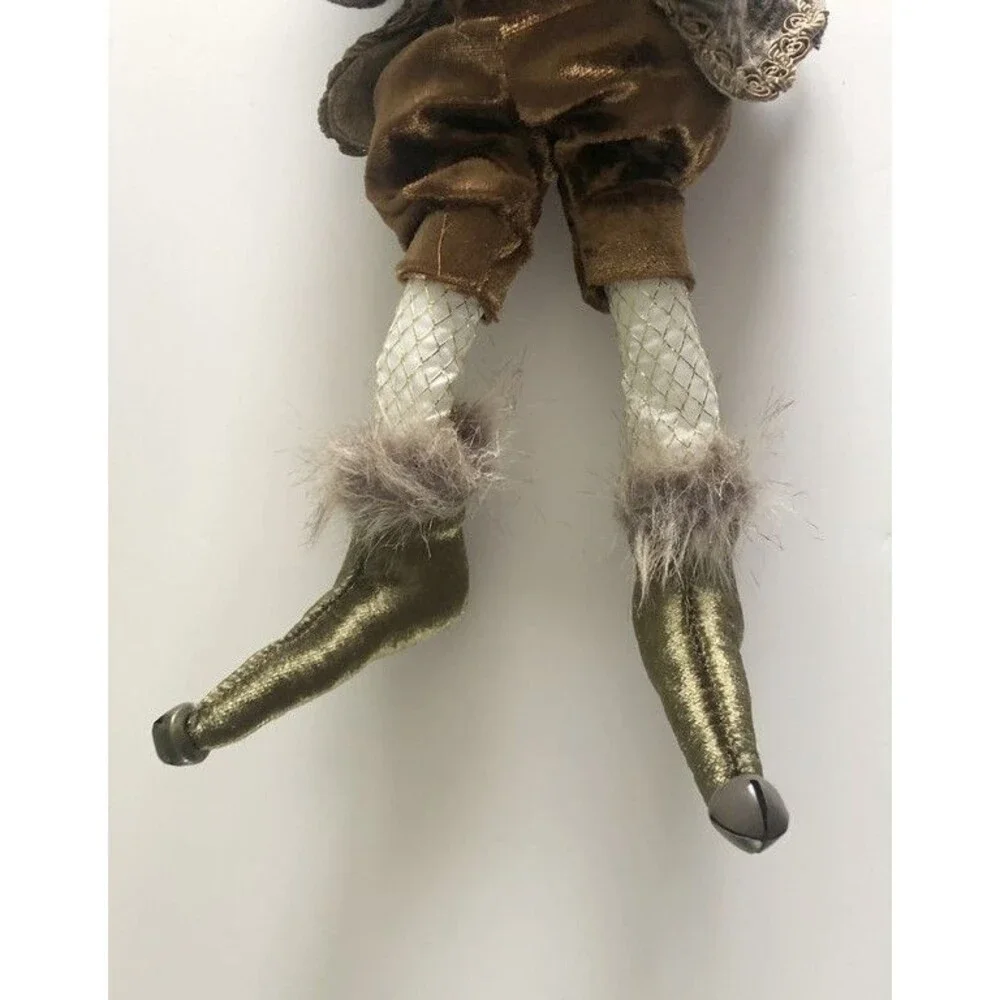 Christmas Pixie Elf Doll Gnome Gold Braid Trim Posable Hanging Bells Brown Plaid